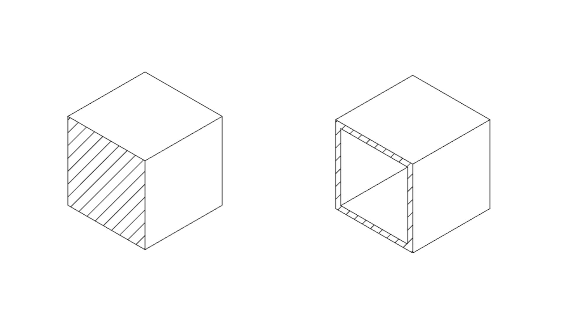 Two isometric cube diagrams: left shows solid hatched cube, right shows hollow shell cube with wall thickness indicated by dashed lines