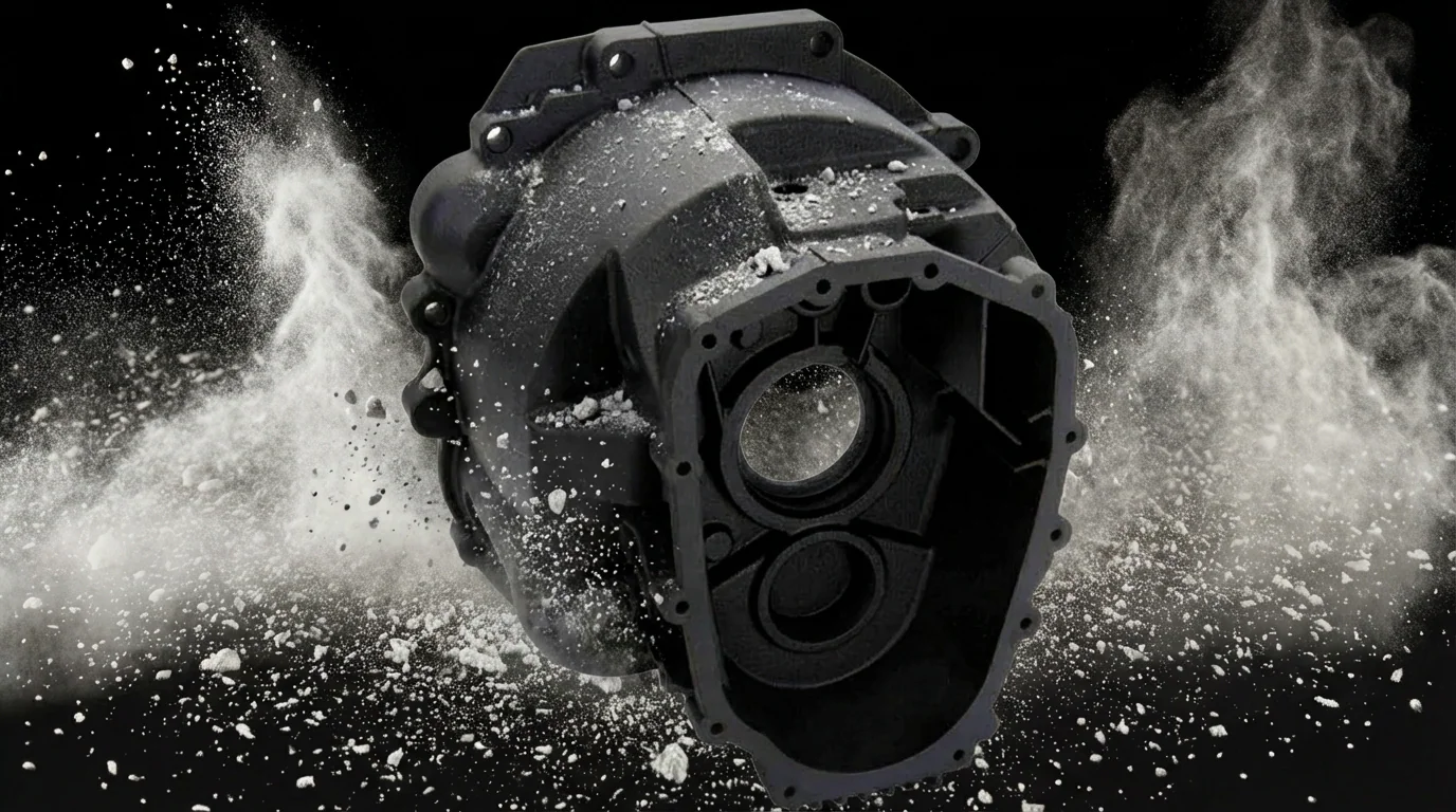 Black MJF Nylon housing part emerging from powder cloud