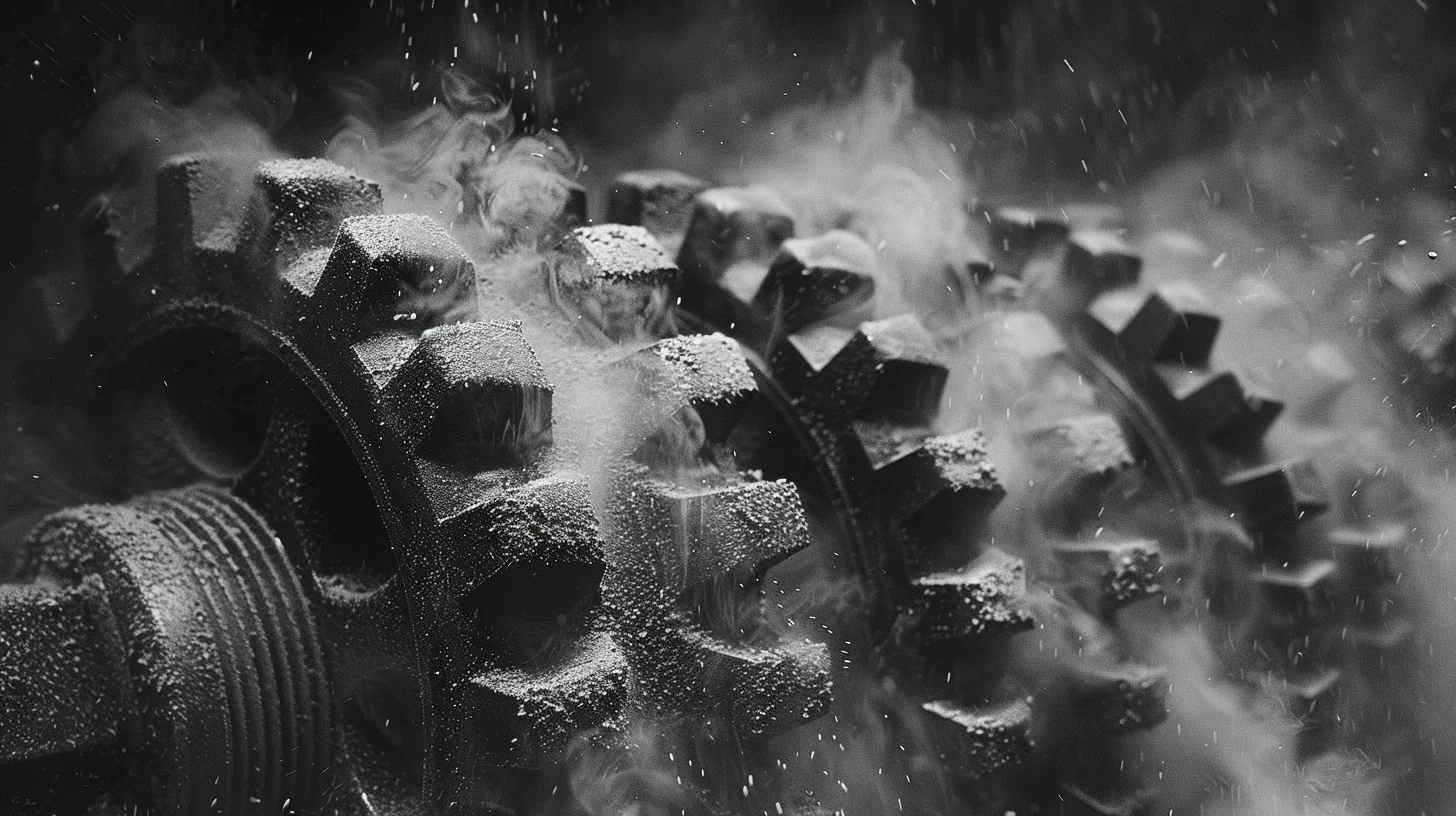 Artistic close-up of sintered MJF gears covered in Nylon powder