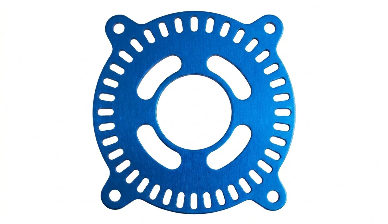 Blue Type II anodized aluminum component showing retained metallic surface character