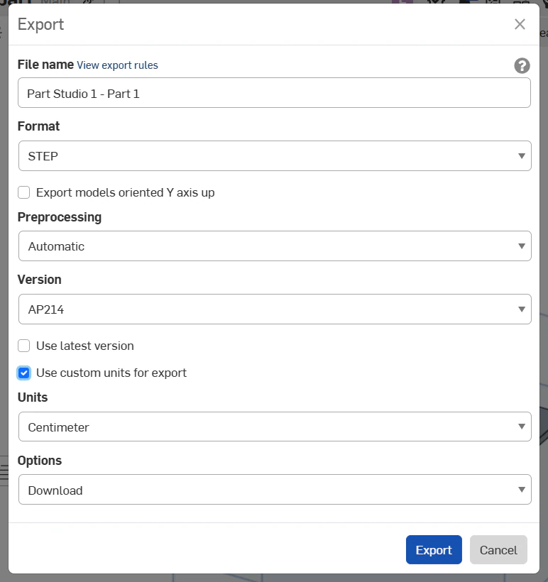 The Onshape export dialog with Use custom units for export checked, revealing a Units dropdown set to Centimeter