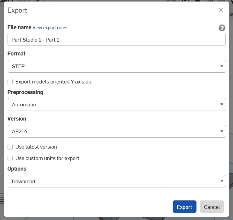 The Onshape Export dialog showing File name, Format set to STEP, Preprocessing, Version AP214, checkboxes and Options set to Download