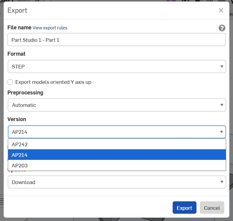 The Version dropdown expanded in the Onshape export dialog showing AP242, AP214 selected, and AP203