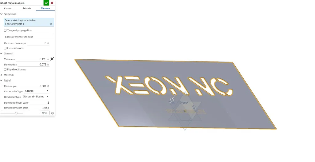 Onshape Sheet metal model dialog on the Thicken tab, showing 0.125 inch thickness, 0.078 inch bend radius, and Minimal gap set to 0.001 inch with Corner relief type Simple