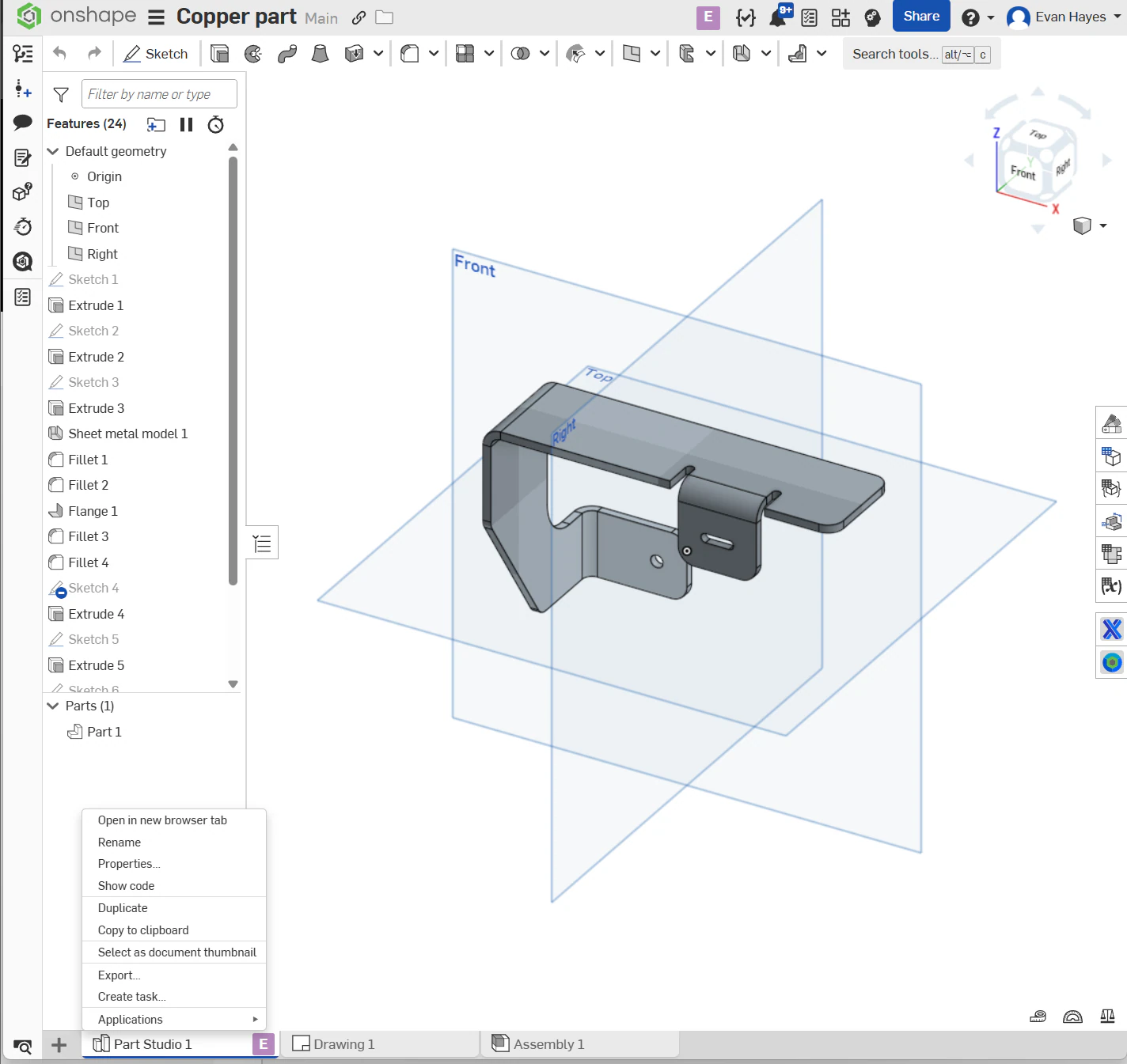 Right-clicking the Part Studio tab at the bottom of the Onshape window, showing a context menu containing Export
