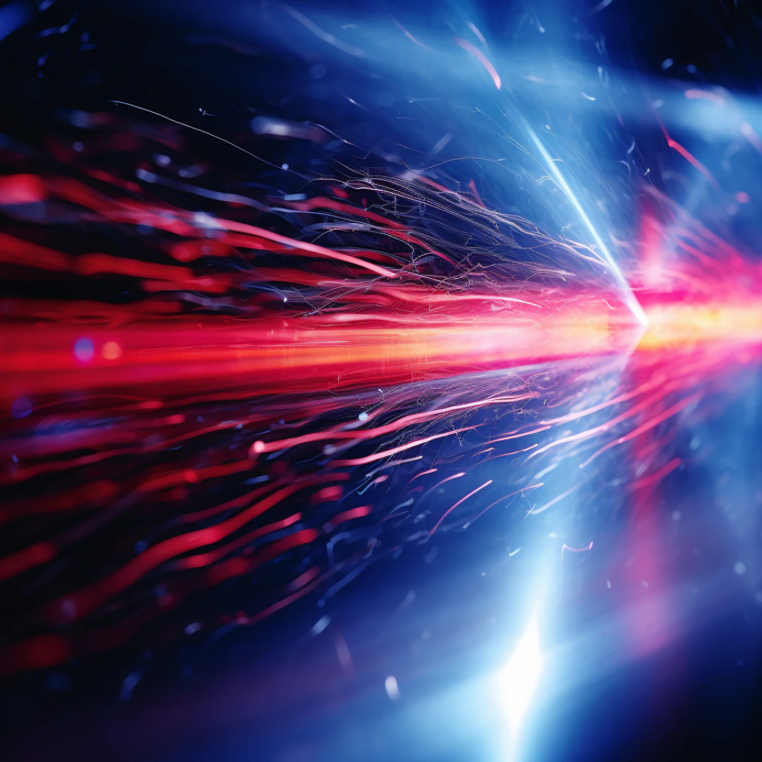 High-energy laser beam interacting with material, throwing off sparks and molten ejecta