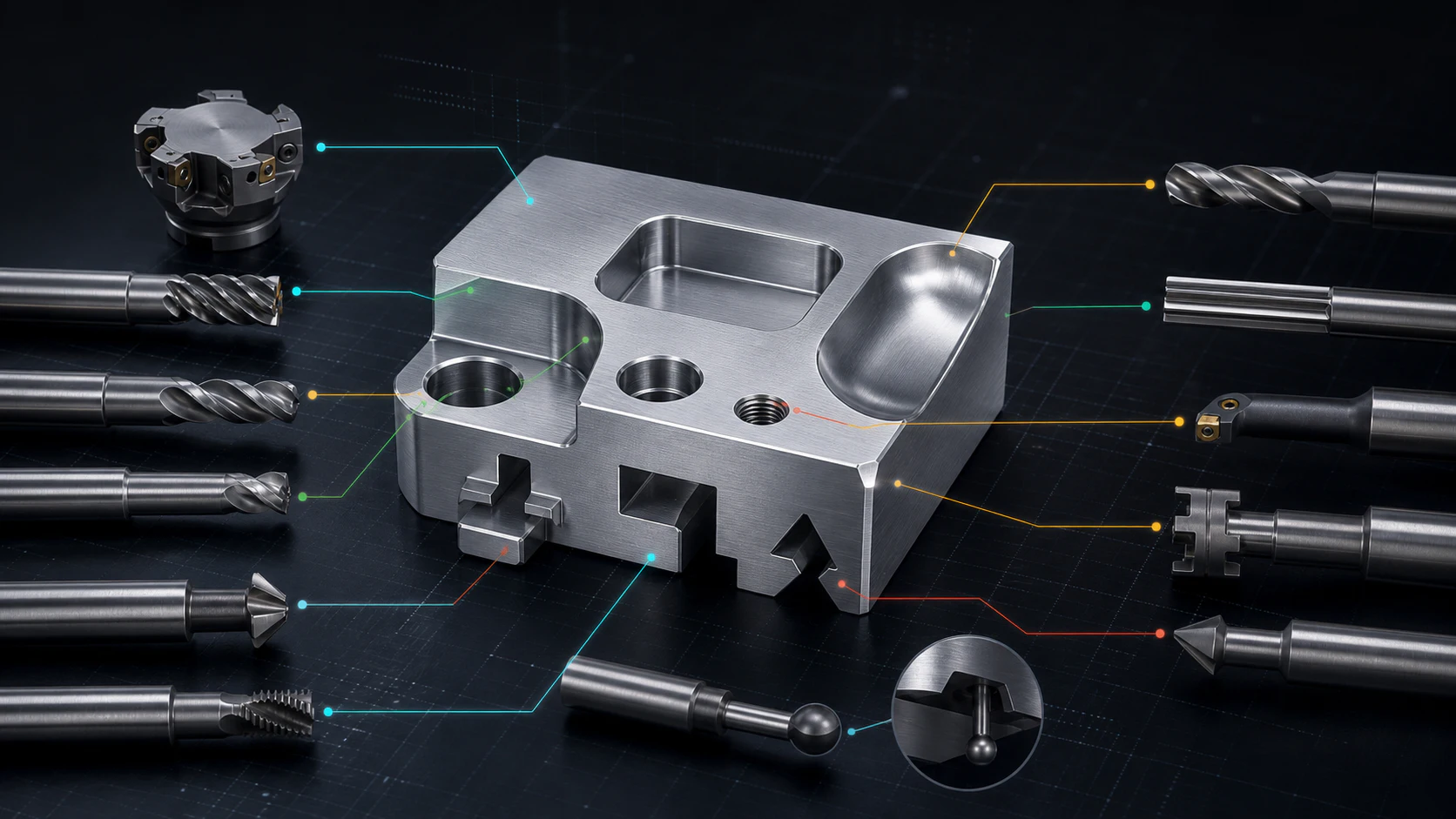 Precision-machined demonstration part surrounded by CNC cutting tools