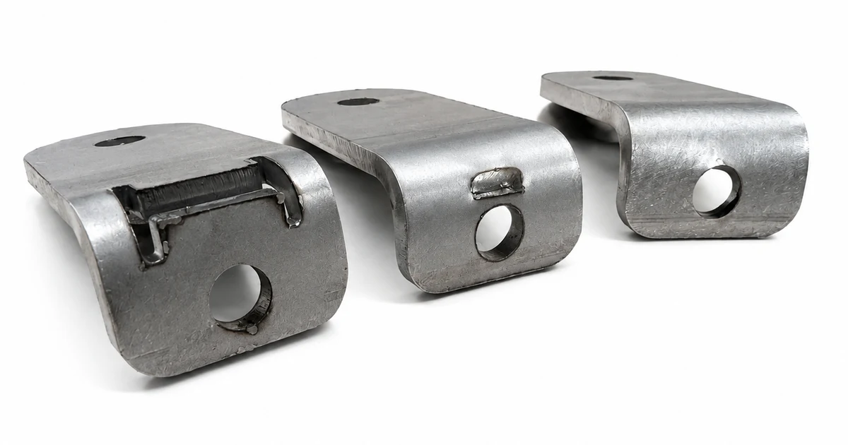 Three formed sheet-metal coupons comparing hole pull-through with bow-tie and straight-slit bend relief strategies
