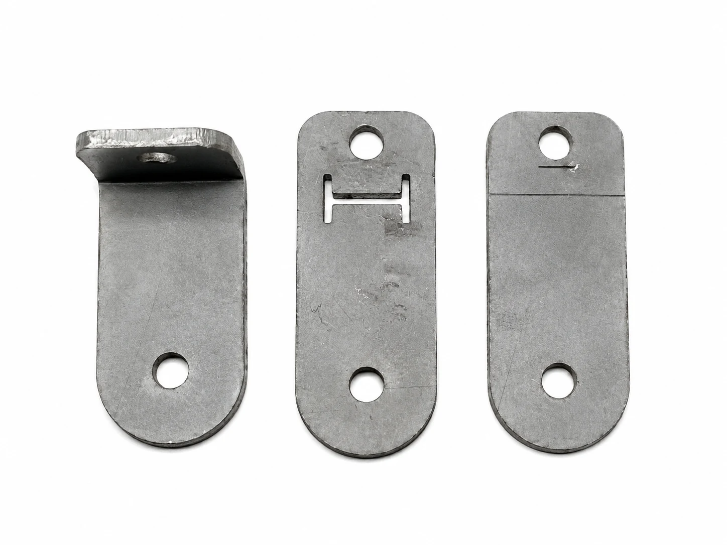 Sheet-metal test matrix showing a formed control coupon, a flat coupon with an H-style relief, and a flat coupon with a straight relief slit near the hole and bend line