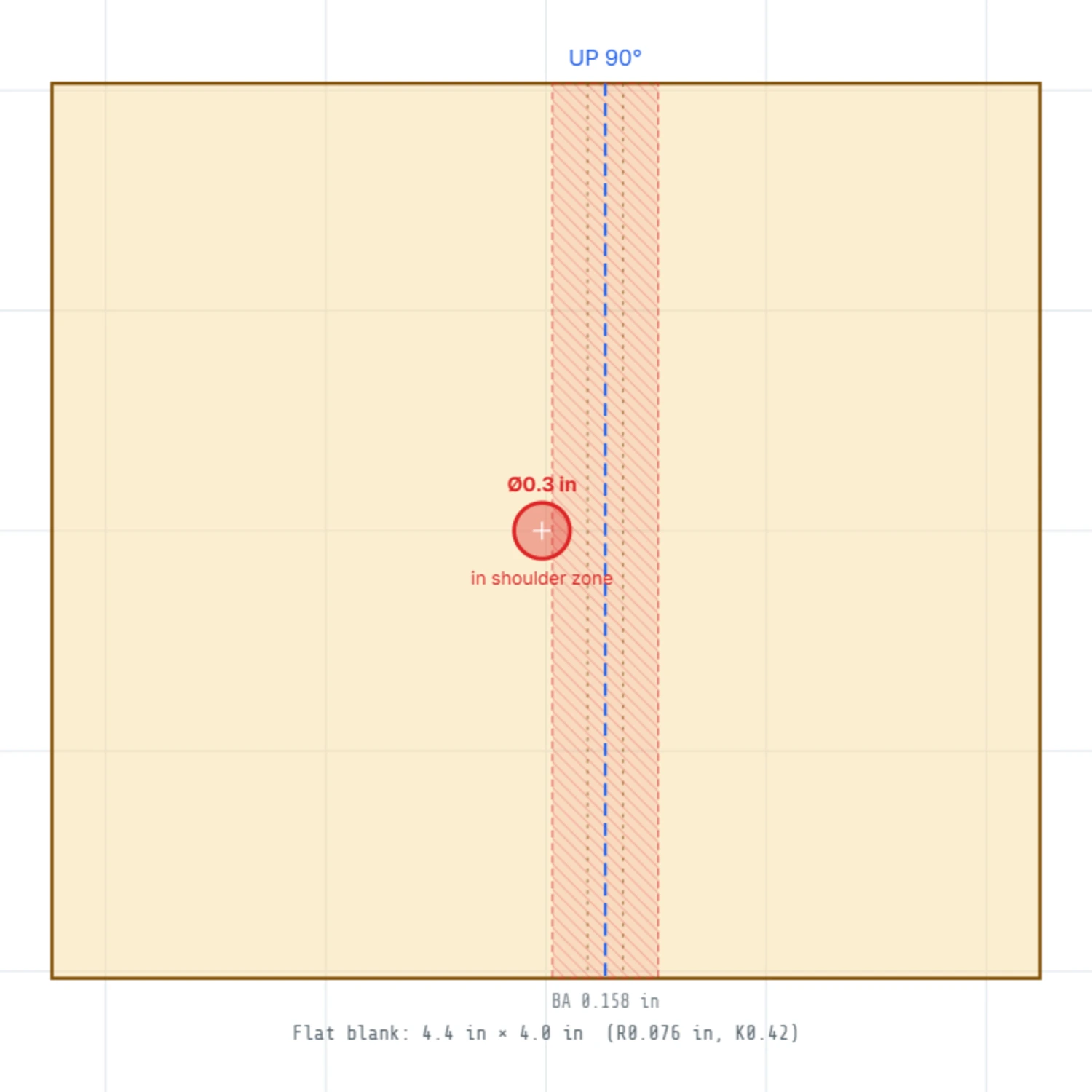 Bend simulator flat view showing a quarter inch hole overlapping the hatched red die shoulder band and flagged in shoulder zone