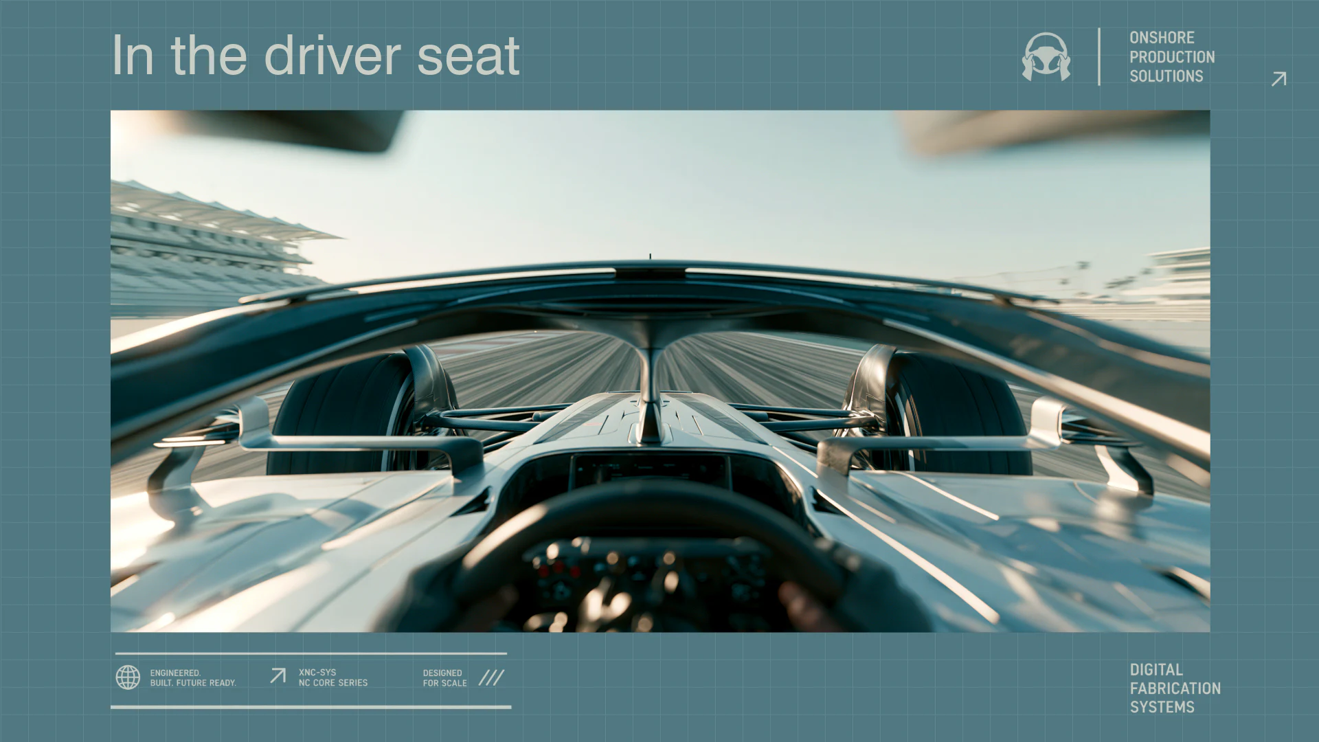 Driver's-eye view from a high-performance race car representing direct control of manufacturing