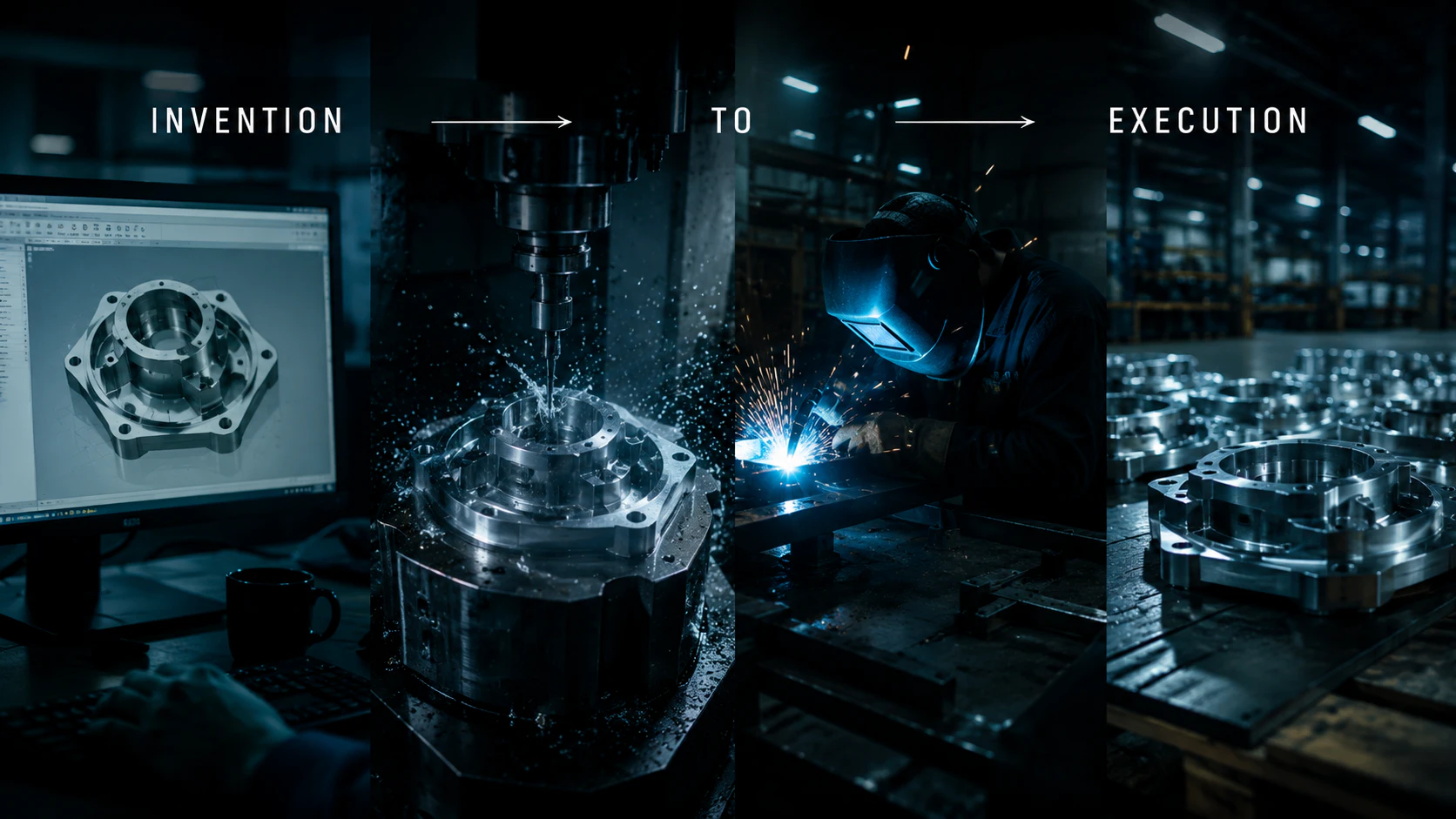 A manufacturing sequence moving from a CAD model through CNC machining and welding to finished precision parts