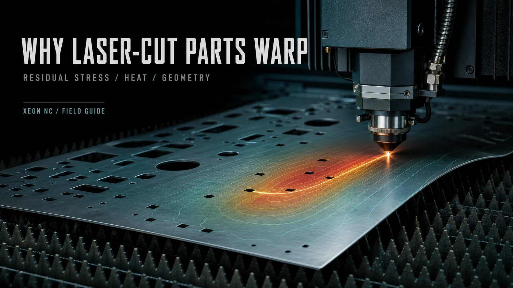 Thin sheet metal bowing upward during fiber laser cutting with a technical heat and stress overlay