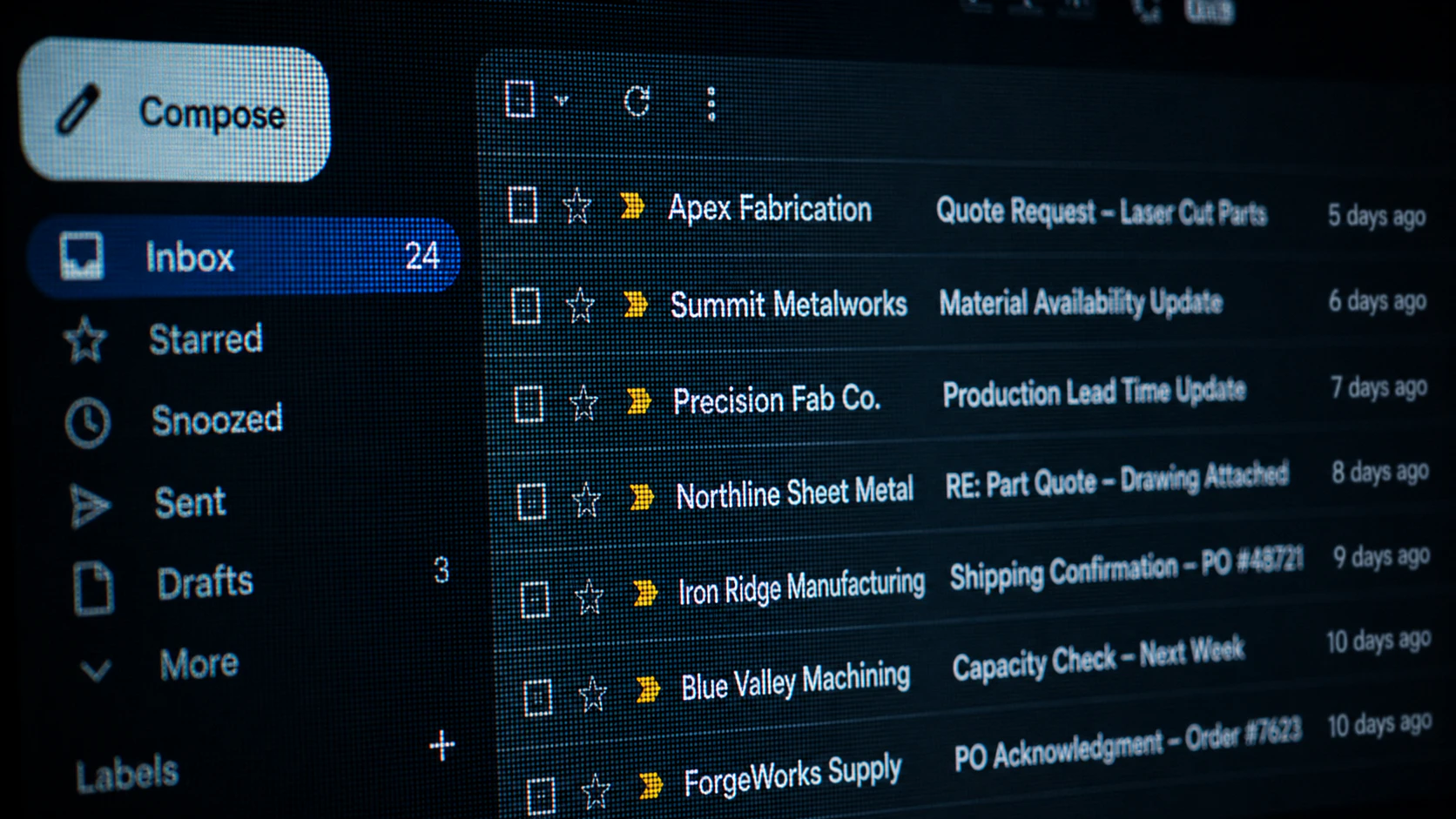 Manufacturing quote requests, material questions, lead-time updates, purchase orders, and shipping notices waiting in an email inbox