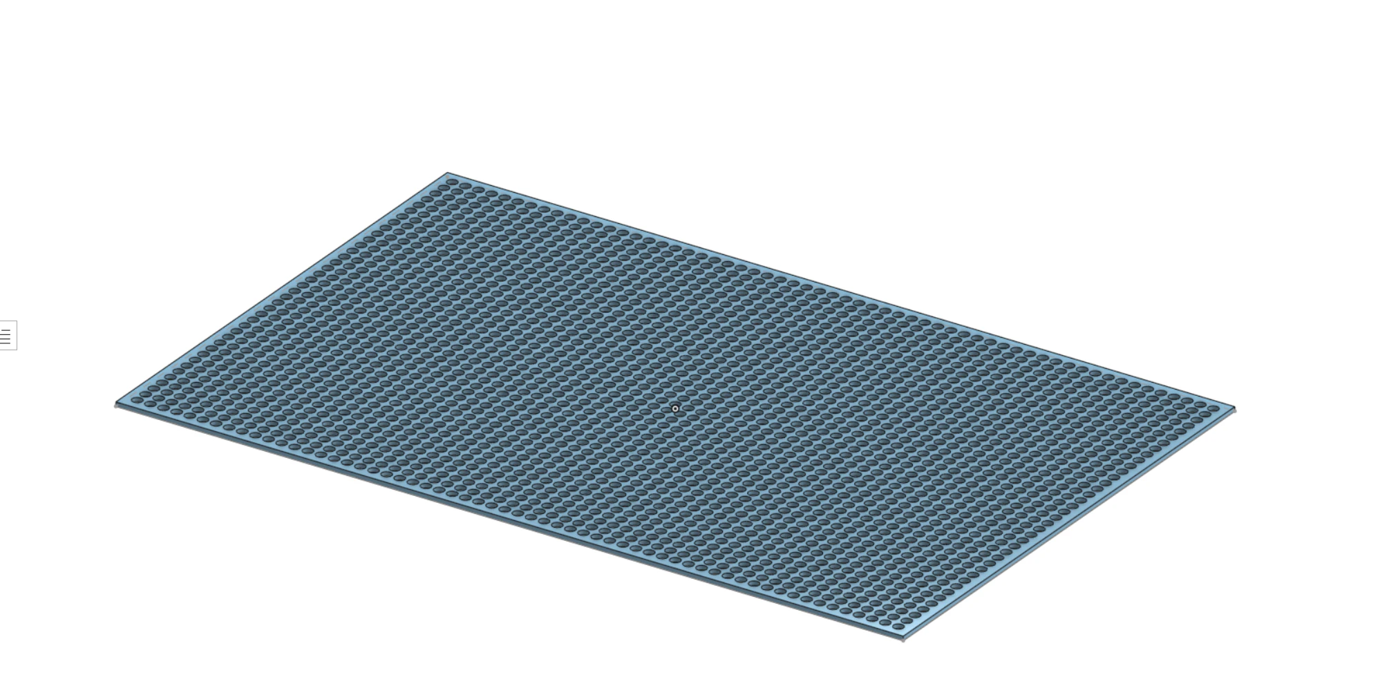 Flat CAD model of a sheet-metal panel with a dense, evenly spaced perforation pattern