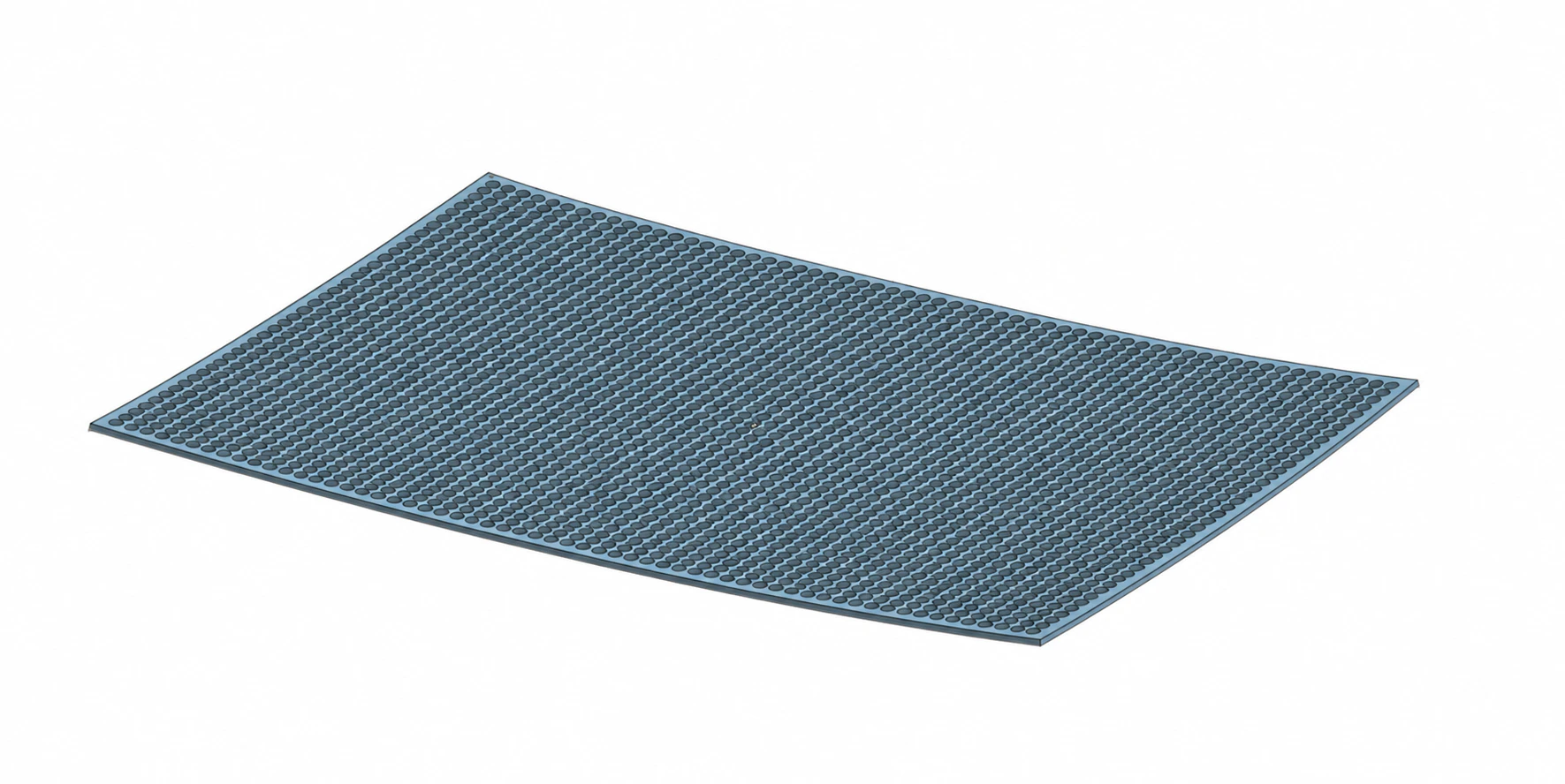 Warped state of the same densely perforated sheet-metal panel, bowed through its center