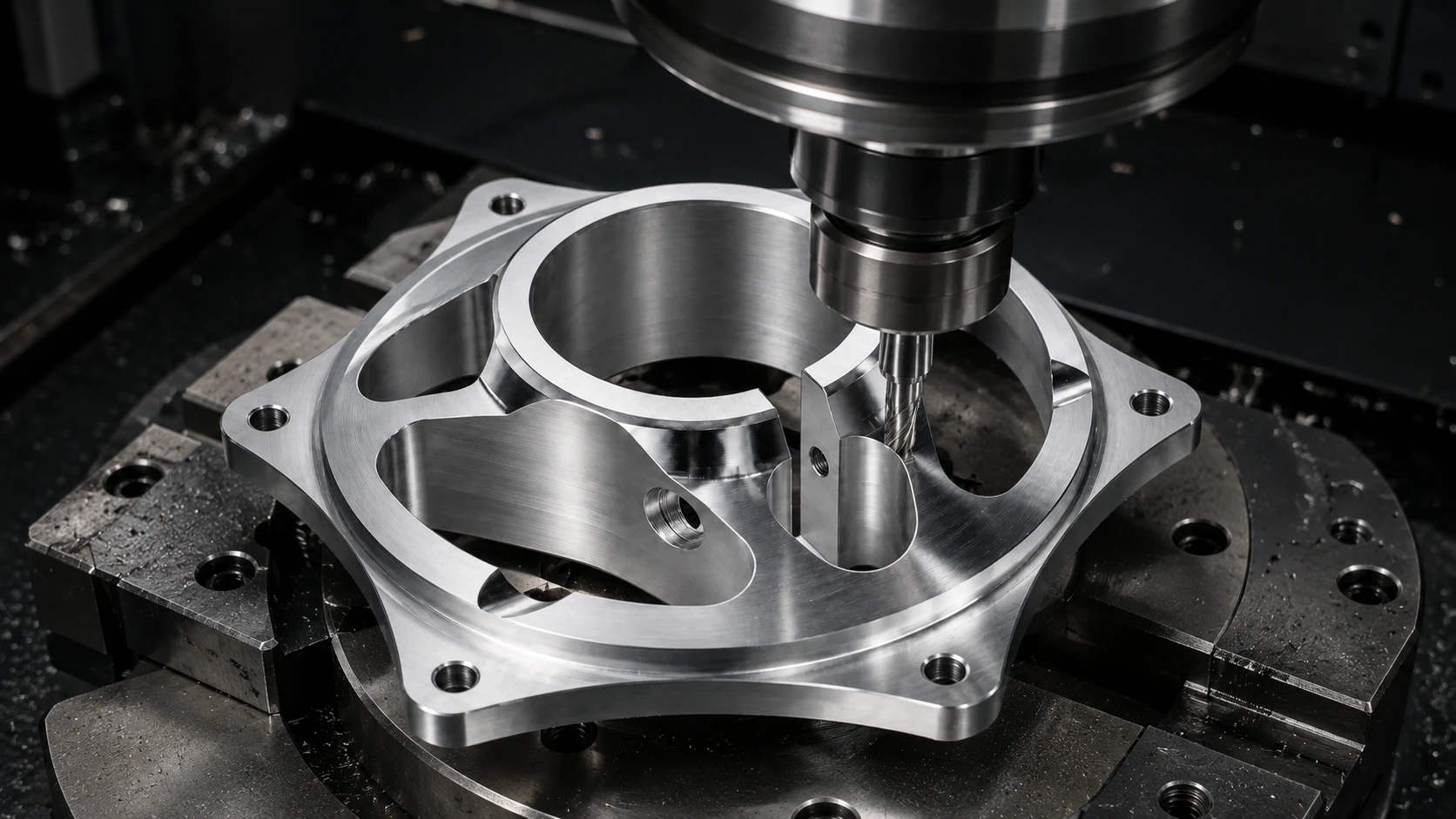 Precision-machined aluminum component being milled on a CNC machining center