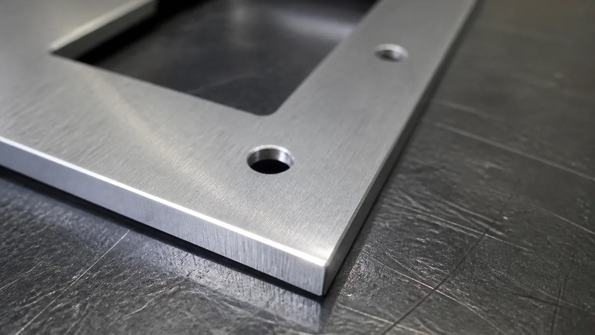 Close-up of a laser-cut aluminum sheet-metal corner with a sharp knife edge