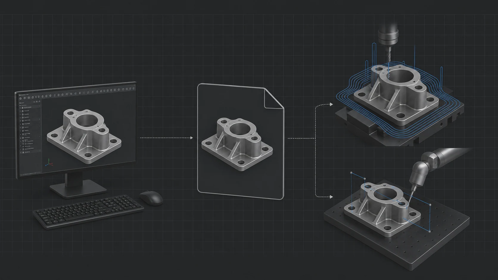 A CAD model transferred through a neutral STEP file into CNC toolpath preparation and dimensional inspection