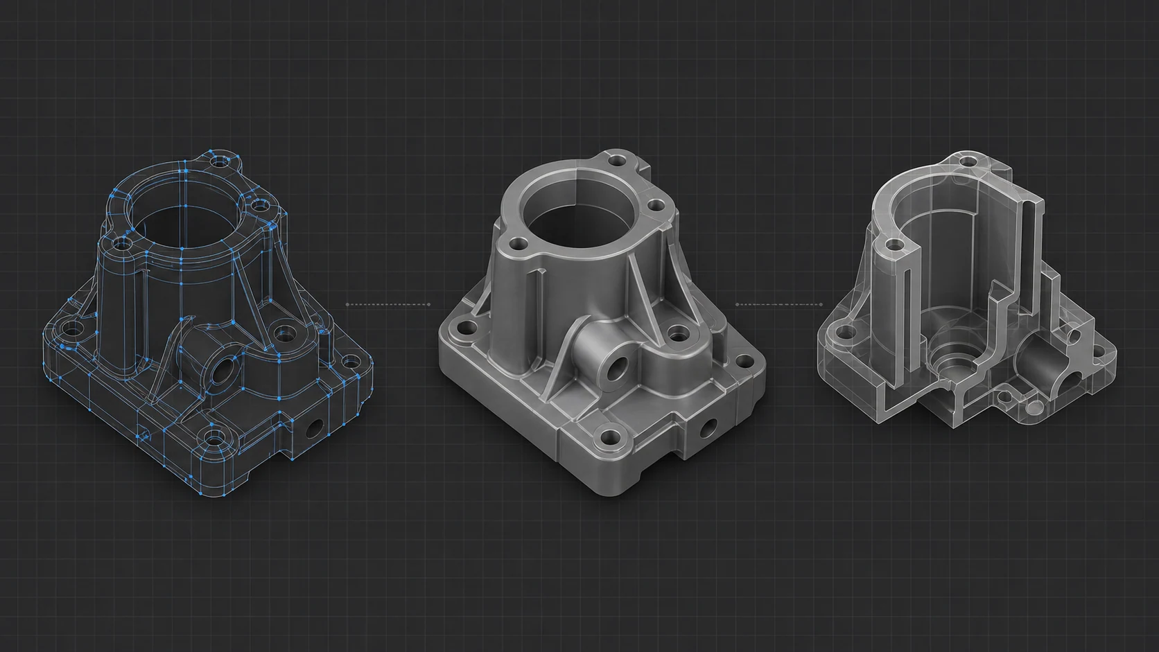 Three views of the same mechanical housing showing CAD topology, a shaded solid, and a translucent cutaway