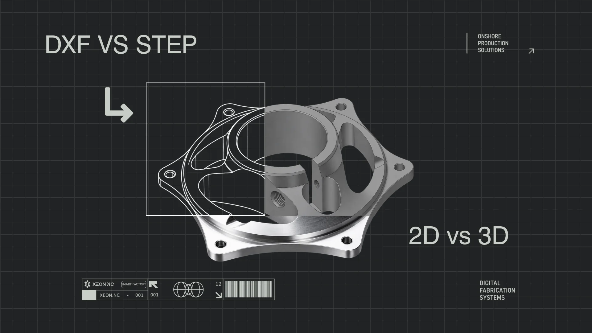 DXF line drawing transitioning into a finished three-dimensional machined part