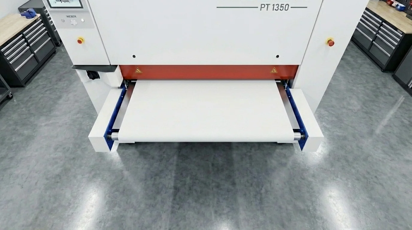 The Weber 1350 conveyor belt with a part on it, showing the maximum width the machine accepts