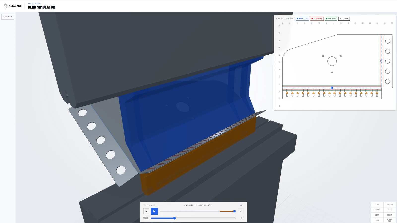 The Xeon NC 3D bend simulator showing a formed part seated in the press brake tooling alongside its flat pattern with bend lines and V-opening overlays