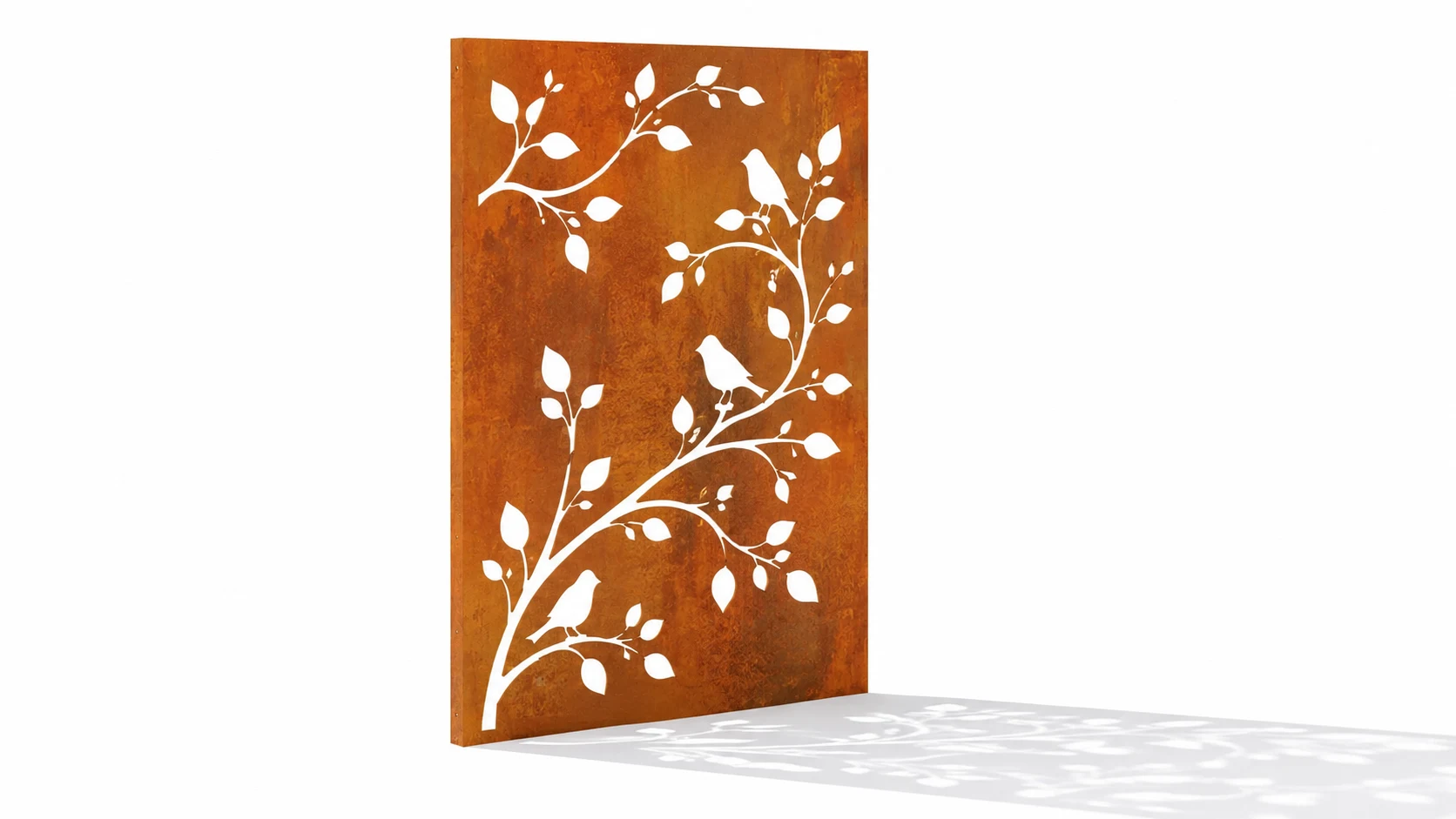 Laser-cut Corten weathering steel panel in ASTM A588 or A606-4 with branches, leaves, and bird silhouettes