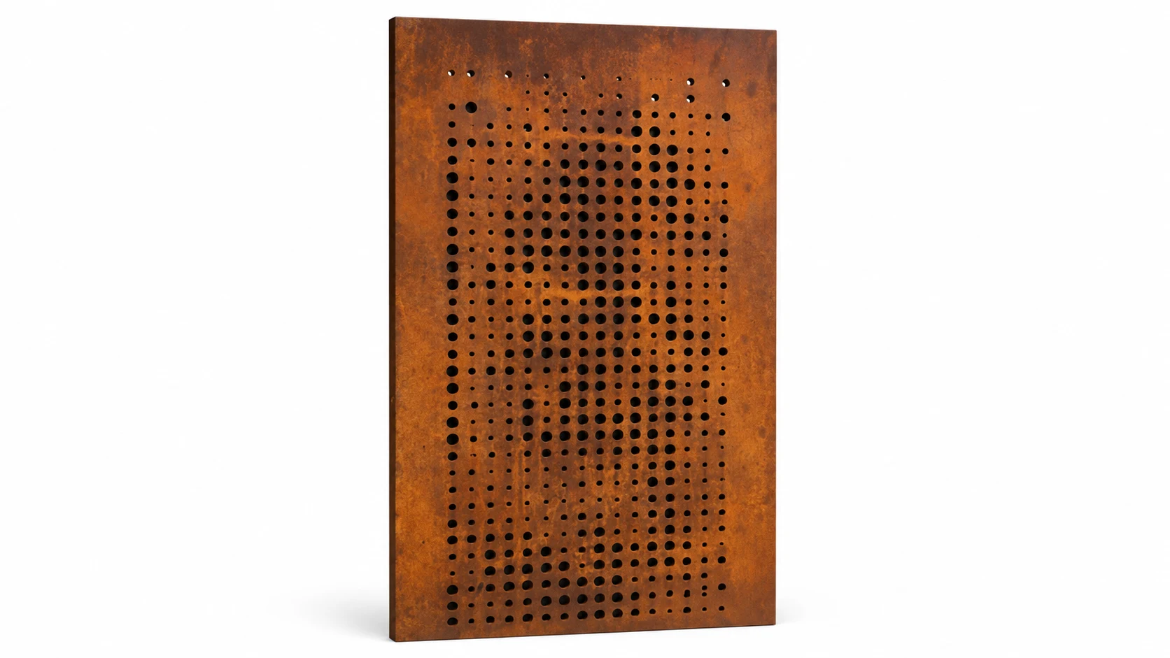 Perforated Corten weathering steel panel made from ASTM A588 or A606-4 with a variable circular-hole pattern