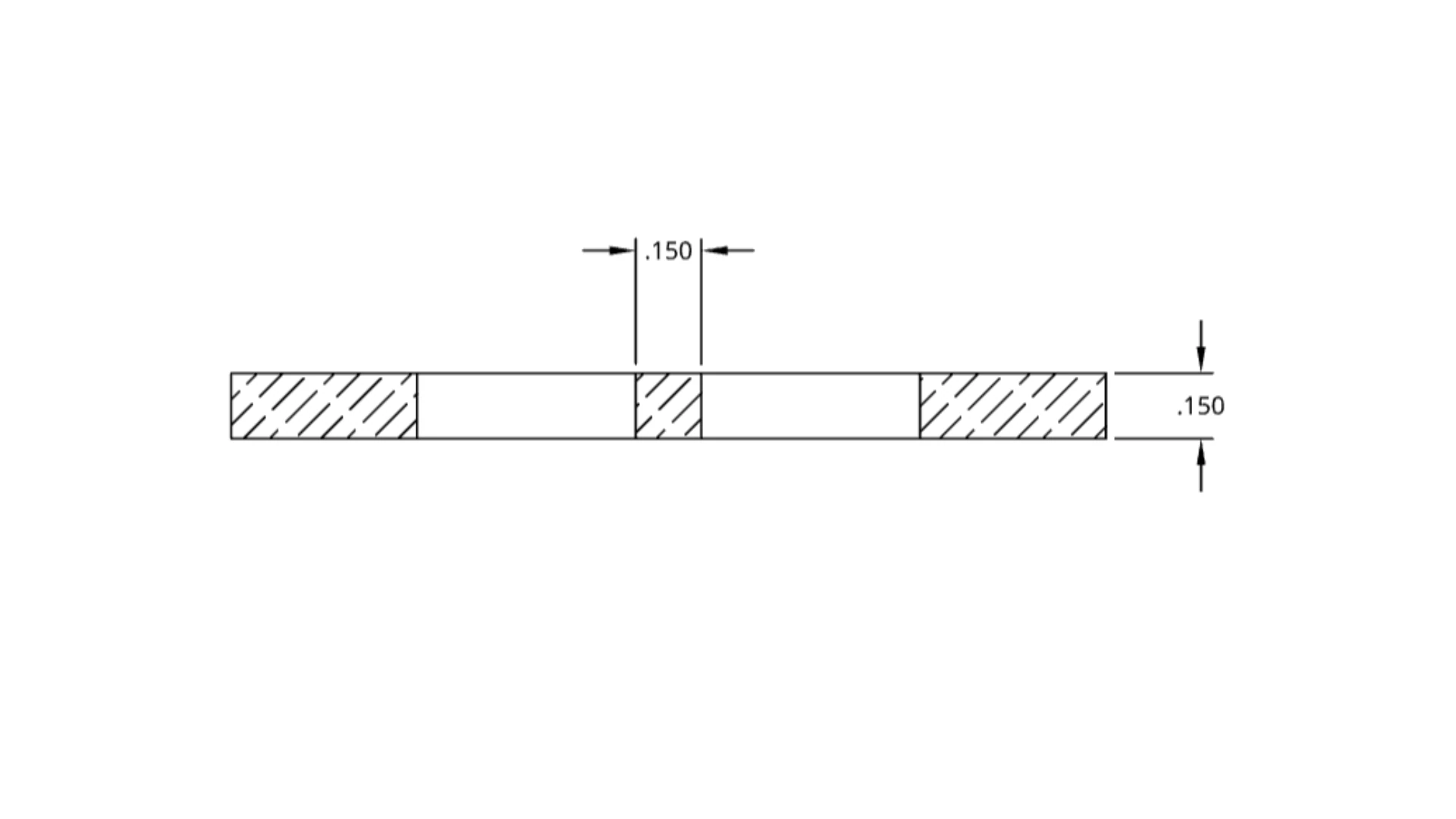 Cross-section diagram showing 0.150 inch minimum spacing between holes and from hole to material edge, with hatched danger zones